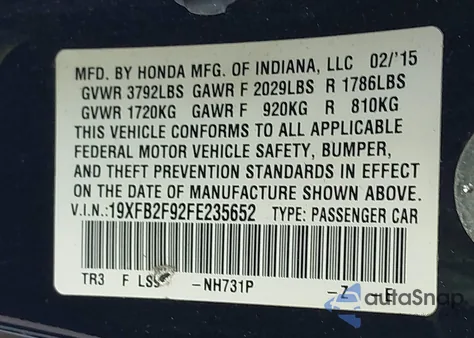 2015 Honda Civic Ex-L from USA, damaged, VIN 19XFB2F92FE235652